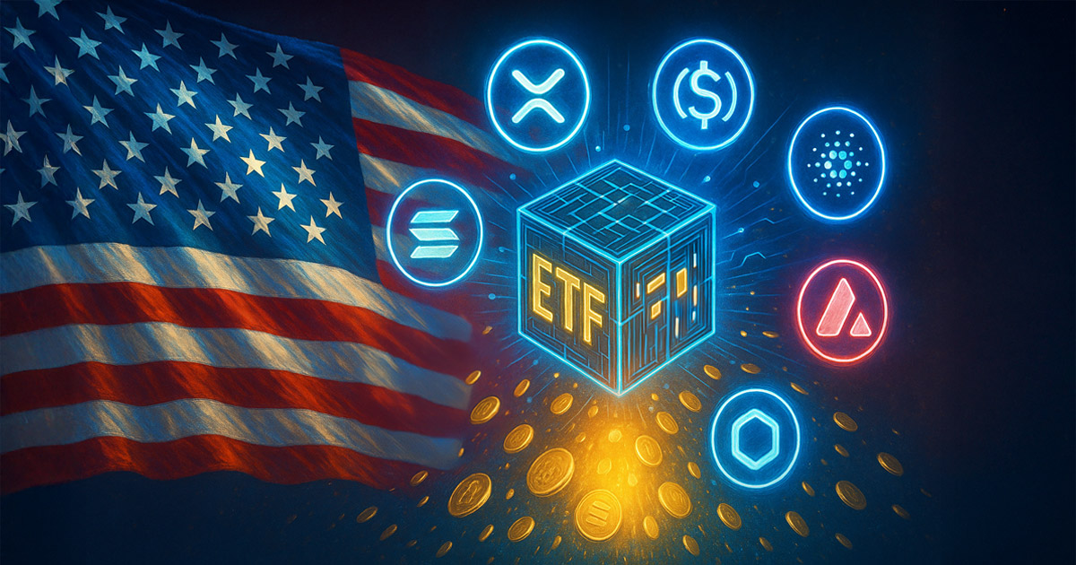 A glowing cube labeled "ETF" surrounded by crypto logos and a U.S. flag symbolizes American efforts to launch a domestic crypto ETF - Cover art/illustration via CryptoSlate. Image includes combined content which may include AI-generated content