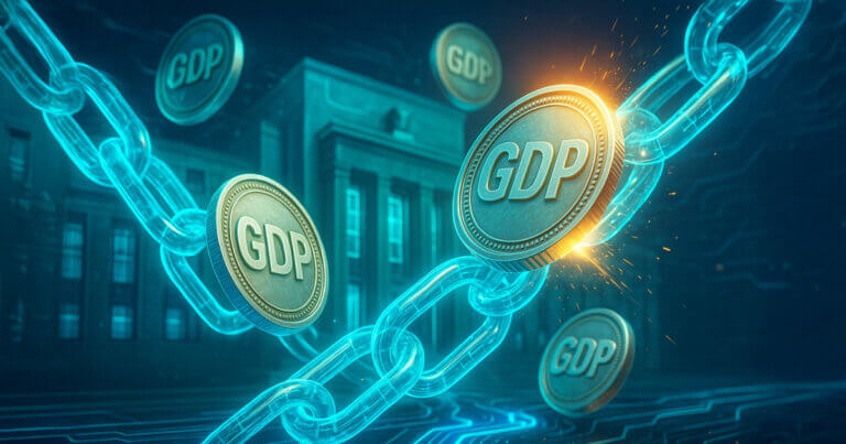 US GDP stats visualized as symbolic digital coins spinning into blockchain streams over a digital Federal Reserve backdrop - Cover art/illustration via CryptoSlate. Image includes combined content which may include AI-generated content