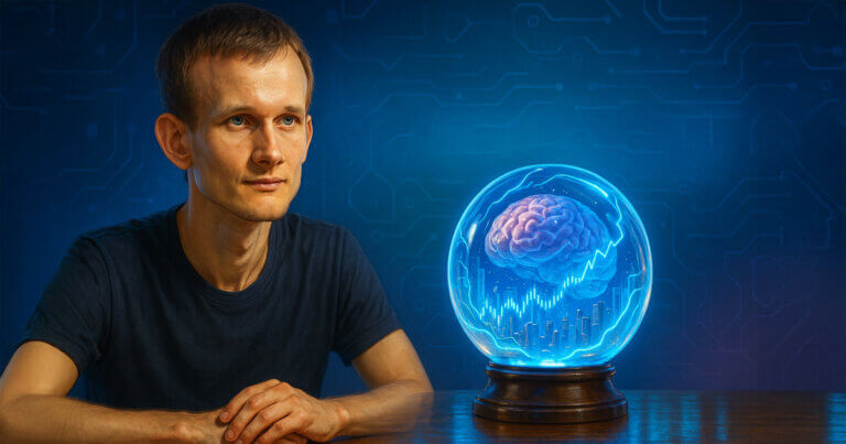 A digital illustration shows Ethereum co-founder Vitalik Buterin beside a glowing crystal ball containing a brain and market charts, symbolizing prediction market debates - Cover art/illustration via CryptoSlate. Image includes combined content which may include AI-generated content