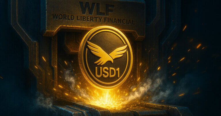 A glowing USD1 coin marked with World Liberty Financial is shown being minted, symbolizing Trump’s treasury allocation of 10% supply - Cover art/illustration via CryptoSlate. Image includes combined content which may include AI-generated content