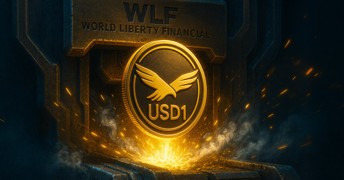 A glowing USD1 coin marked with World Liberty Financial is shown being minted, symbolizing Trump’s treasury allocation of 10% supply - Cover art/illustration via CryptoSlate. Image includes combined content which may include AI-generated content