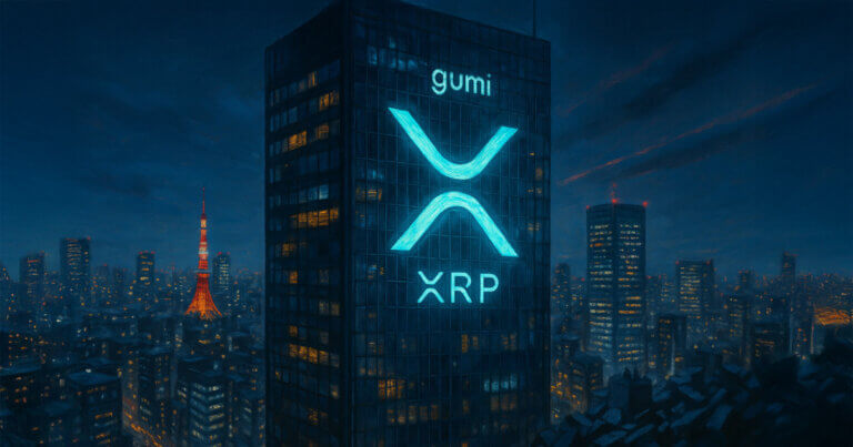 A glowing XRP logo illuminates Gumi’s skyscraper in Tokyo’s skyline as part of its treasury reserve strategy - Cover art/illustration via CryptoSlate. Image includes combined content which may include AI-generated content