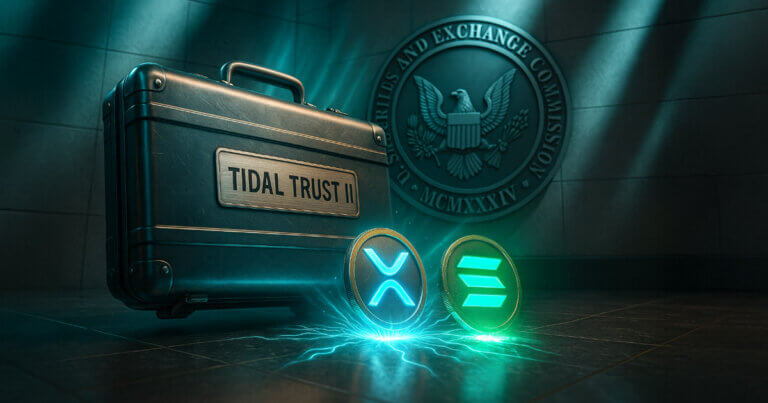 A Tidal Trust II case appears alongside XRP and Solana coins under the SEC seal, representing new leveraged ETF filings - Cover art/illustration via CryptoSlate. Image includes combined content which may include AI-generated content