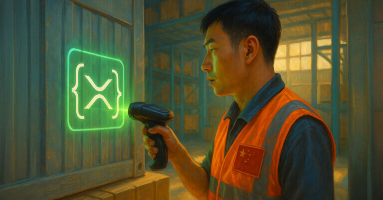 A worker scans a container marked with the XRPL logo in a warehouse, symbolizing blockchain integration in supply chain finance - Cover art/illustration via CryptoSlate. Image includes combined content which may include AI-generated content