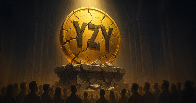 A cracked golden coin marked “YZY” stands on a crumbling pedestal surrounded by onlookers, symbolizing the rapid crash of Kanye’s YZY token - Cover art/illustration via CryptoSlate. Image includes combined content which may include AI-generated content