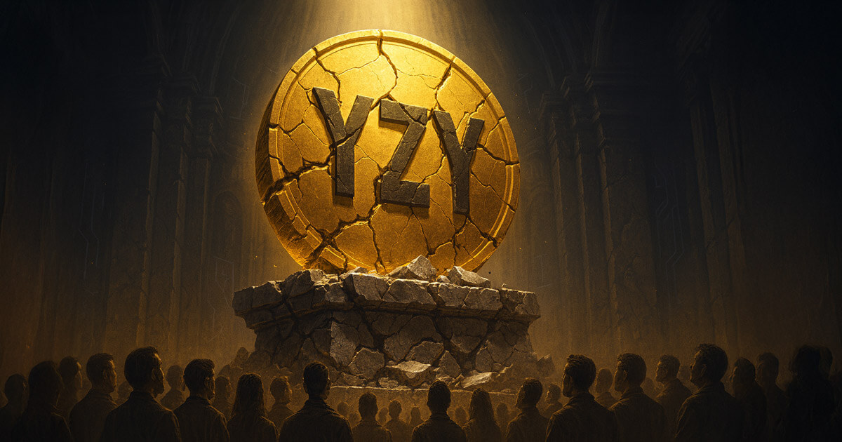 A cracked golden coin marked “YZY” stands on a crumbling pedestal surrounded by onlookers, symbolizing the rapid crash of Kanye’s YZY token - Cover art/illustration via CryptoSlate. Image includes combined content which may include AI-generated content