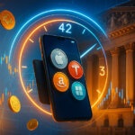 A bright, cinematic 16:9 scene of a glowing smartphone crypto wallet hovering before the NYSE facade, encircled by a luminous clock ring and orbiting tokenized stock icons, implying nonstop 24/7 markets.