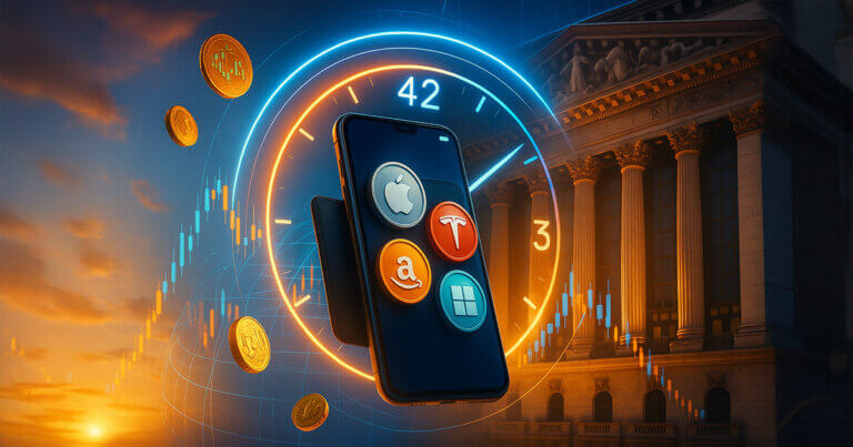 A bright, cinematic 16:9 scene of a glowing smartphone crypto wallet hovering before the NYSE facade, encircled by a luminous clock ring and orbiting tokenized stock icons, implying nonstop 24/7 markets.