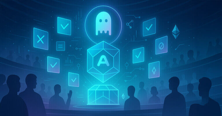 silhouettes of people observing Aave’s logo with governance and Ethereum symbols, highlighting protocol decisions and exposure adjustments - Cover art/illustration via CryptoSlate.