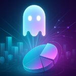 A glowing Aave ghost logo rises over digital financial charts and a pie chart, symbolizing DeFi lending dominance and record active loans - Cover art/illustration via CryptoSlate.