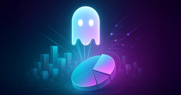 A glowing Aave ghost logo rises over digital financial charts and a pie chart, symbolizing DeFi lending dominance and record active loans - Cover art/illustration via CryptoSlate.