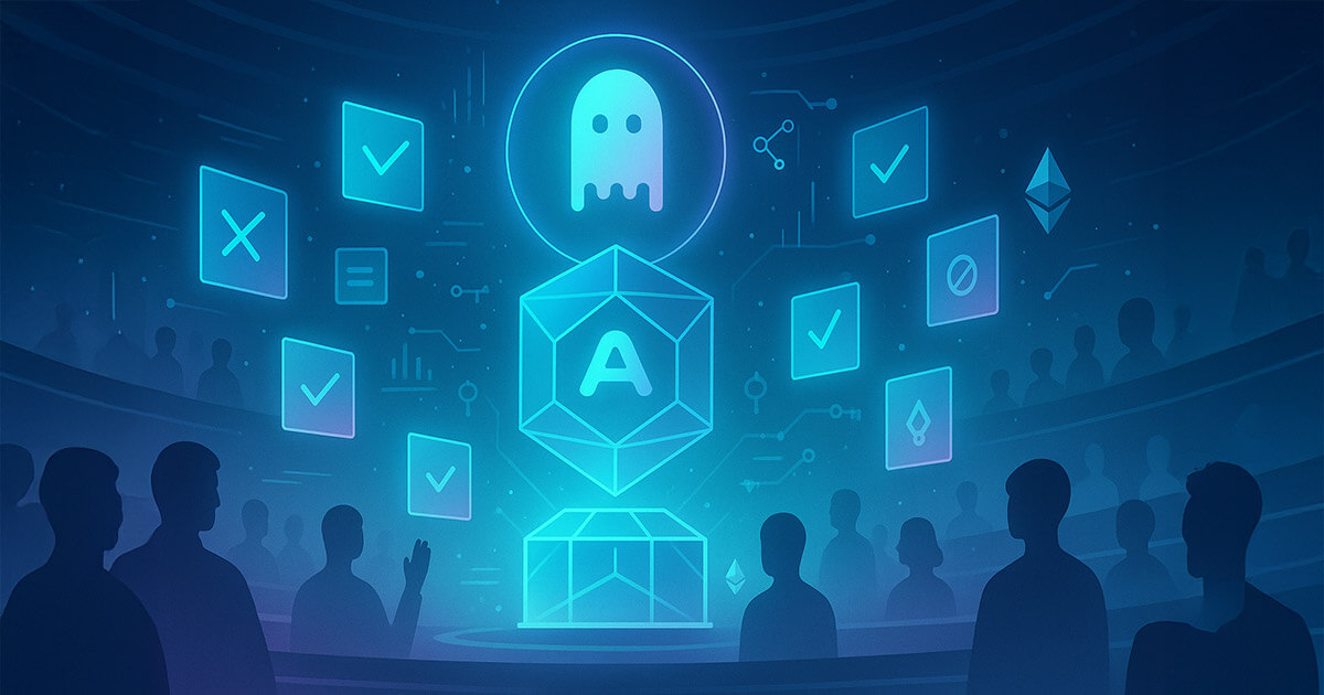 silhouettes of people observing Aave’s logo with governance and Ethereum symbols, highlighting protocol decisions and exposure adjustments - Cover art/illustration via CryptoSlate.