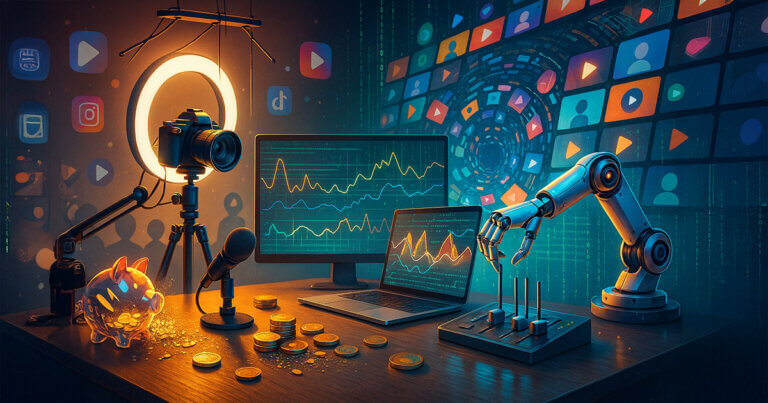A vibrant 16:9 cinematic scene contrasts a creator’s bright studio setup—camera, ring light, mic, shattered piggy bank and scattered coins—with an AI robotic arm tweaking control sliders beside screens of spiraling video thumbnails and algorithm charts, symbolizing how algorithms reshape streaming economics.