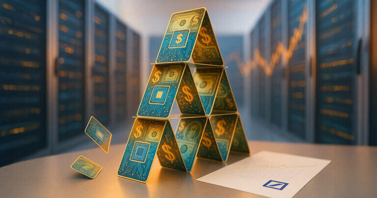 Bright, cinematic 16:9 image of a glowing server-room aisle where a tall house of cards—printed with microchips, circuitry, and dollar motifs—teeters as a few cards fall, warm gold and cool cyan lighting reflecting off a metal table beside a report bearing the Deutsche Bank logo.