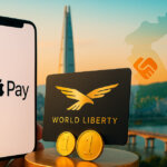 A bright, cinematic scene shows a WLFI-branded debit card beside a smartphone with contactless waves against Seoul’s skyline, symbolizing its Bithumb partnership and Apple Pay plans.