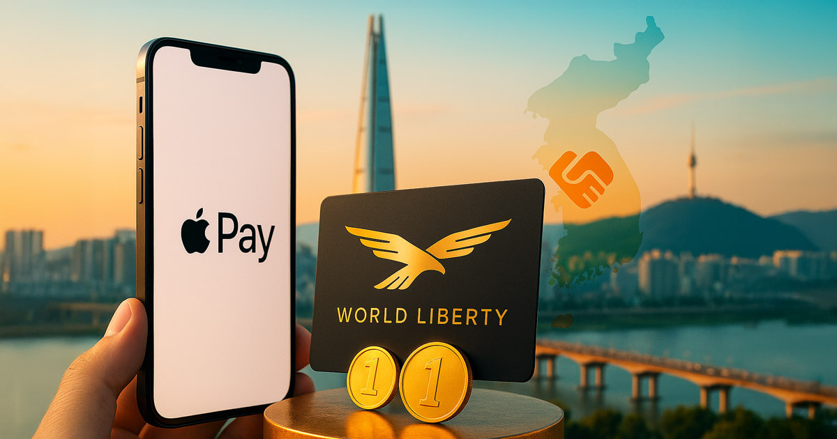 A bright, cinematic scene shows a WLFI-branded debit card beside a smartphone with contactless waves against Seoul’s skyline, symbolizing its Bithumb partnership and Apple Pay plans.