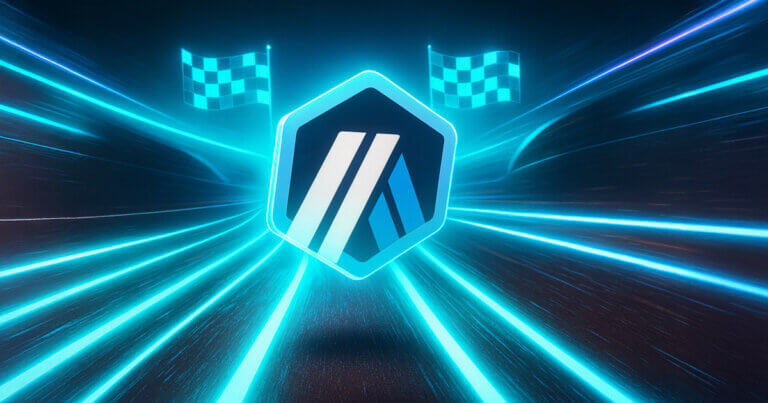 Arbitrum’s logo racing on a neon-lit circuit with holographic checkered flags - Cover art/illustration via CryptoSlate.