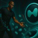 Arthur Hayes in full-body silhouette empties a briefcase of glowing HYPE tokens into a swirling teal vortex beside the Hyperliquid emblem as red charts fall in the background