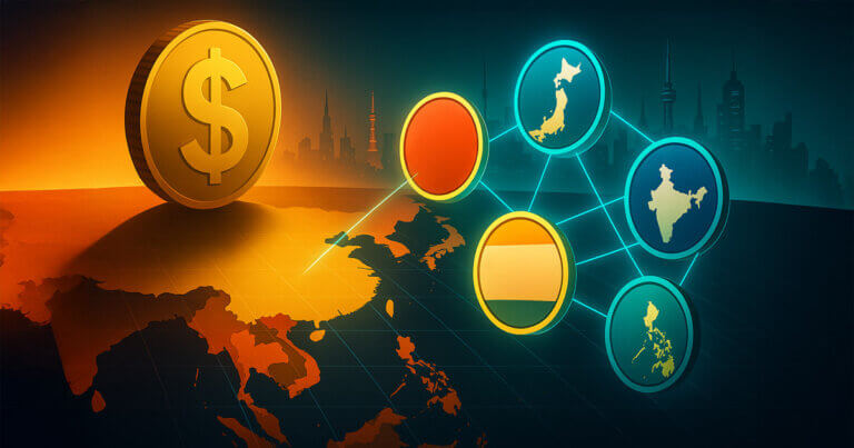 A cinematic split scene shows a looming USD coin casting a shadow over an Asia map while neon-linked coins with country silhouettes (Japan, Singapore, Philippines, India, Korea) rise to form a regional stablecoin network.