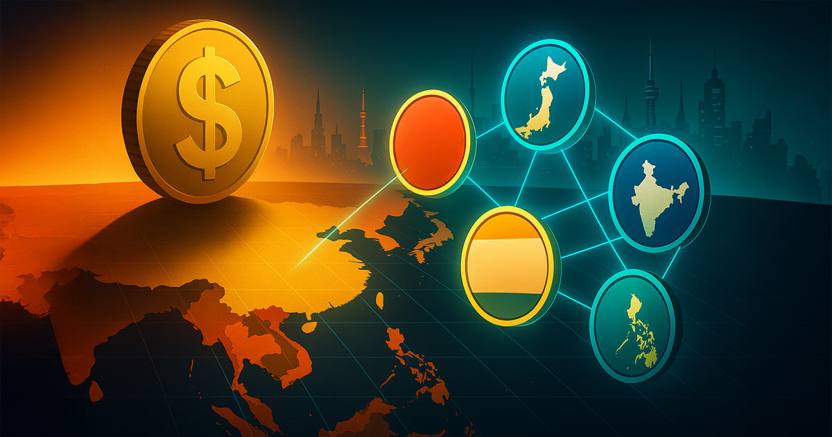 A cinematic split scene shows a looming USD coin casting a shadow over an Asia map while neon-linked coins with country silhouettes (Japan, Singapore, Philippines, India, Korea) rise to form a regional stablecoin network.