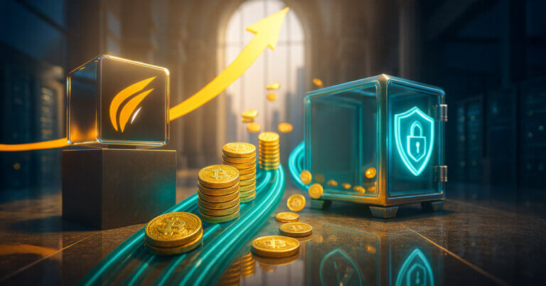 Glowing green and gold arrows move Bitcoin into and out of a glass fund cube beside marble columns, with converging spread arrows and a scale-and-% tax motif to signal effects on spreads, taxes, and flows.