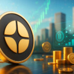 Daylight city skyline with a large Aster logo coin in the foreground, soaring green charts and stacked tokens signaling rapid growth on a bright trading floor.