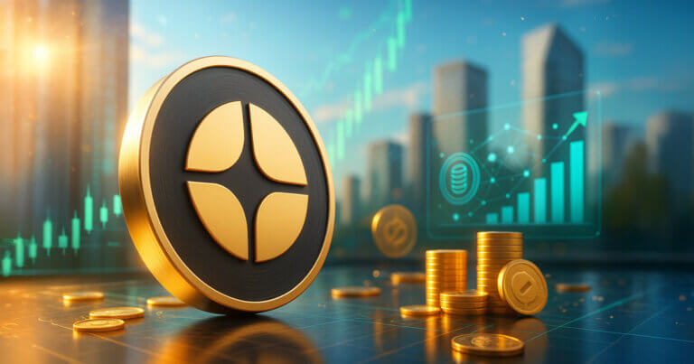 Daylight city skyline with a large Aster logo coin in the foreground, soaring green charts and stacked tokens signaling rapid growth on a bright trading floor.