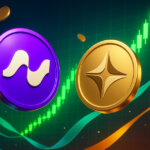 Vibrant, photorealistic 16:9 scene showing Avantis and Aster logos as glossy 3D coins rising over a bright trading grid with a surging green chart, teal–violet–gold ribbons, and floating coins to evoke bullish momentum.