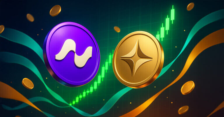 Vibrant, photorealistic 16:9 scene showing Avantis and Aster logos as glossy 3D coins rising over a bright trading grid with a surging green chart, teal–violet–gold ribbons, and floating coins to evoke bullish momentum.