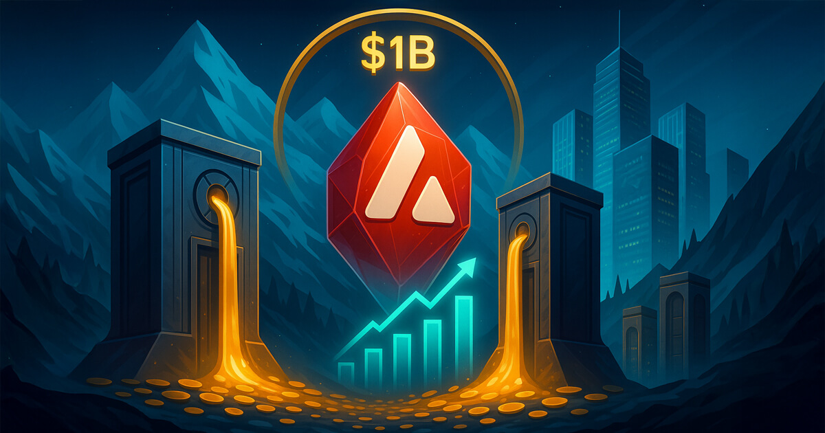 A radiant AVAX crystal rises between twin treasury vaults pouring gold as a neon growth chart and city skyline suggest momentum toward a $1 billion funding push