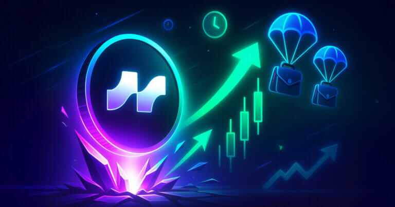 Avantis coin (using the attached logo) erupting from shards beside rising candlesticks, bullish arrows, and parachuting airdrop wallets to depict a fundamentals-driven rebound.