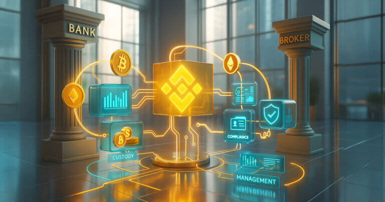 a glowing Binance logo cube acting as a hub that plugs modular glass blocks—liquidity, custody vault, compliance shield, and dashboard—into bank and broker pillars, with BTC/ETH icons flowing through neon circuits.