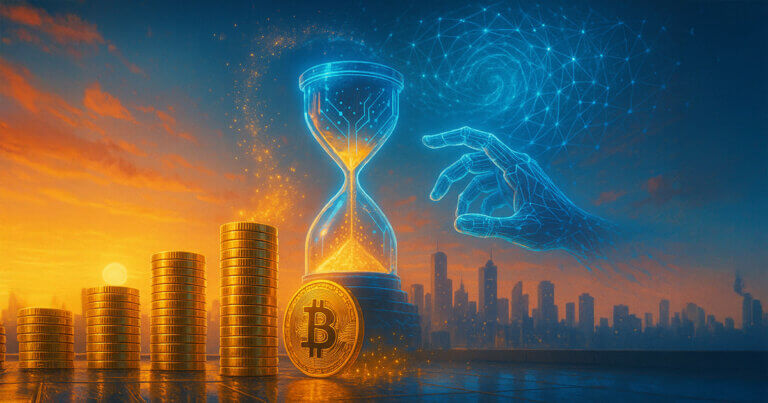 On a sunlit futuristic rooftop, five ascending stacks of gleaming bitcoins lead toward a glowing circuit hourglass as a vast cyan neural lattice and a translucent robotic hand draw shimmering gold particles into the sky.