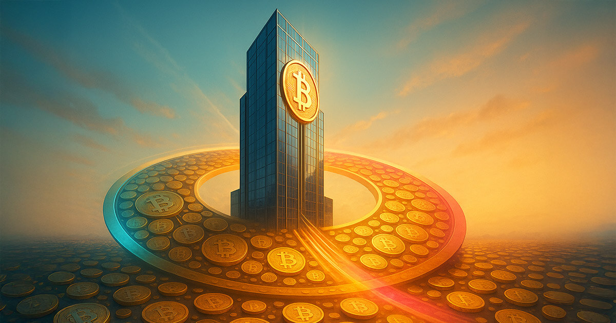 A gleaming corporate skyscraper with a giant Bitcoin emblem pulls bright streams of coins into two highlighted slices of a vast circular coin ring, symbolizing the risks of one firm controlling a significant share of supply.