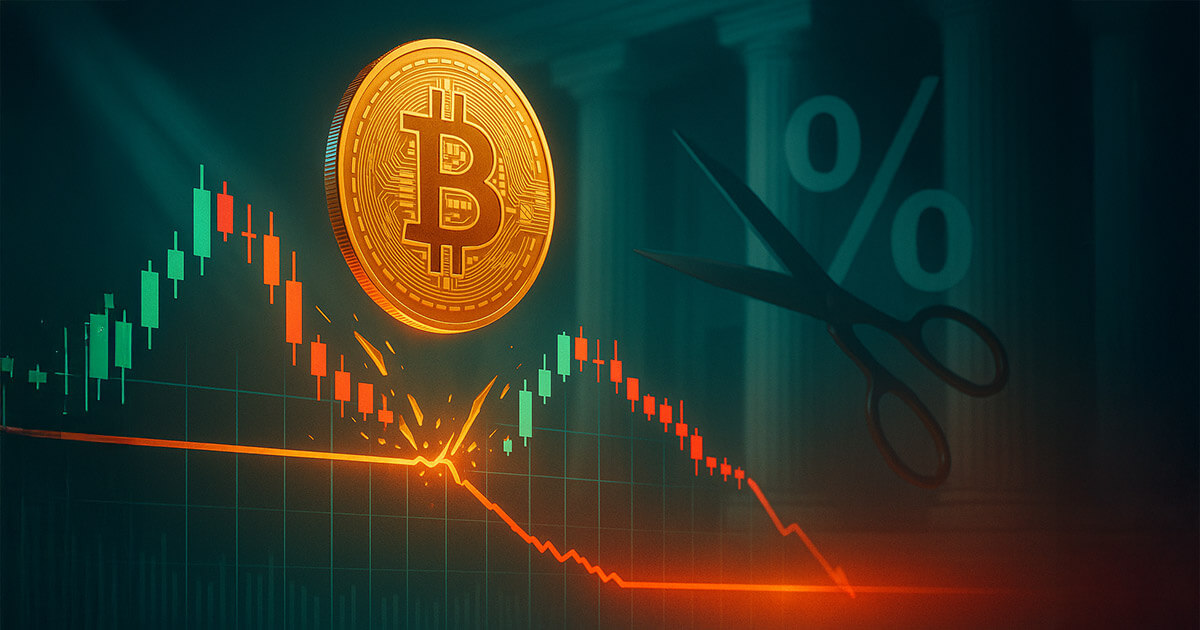 A bright, cinematic scene shows a glowing Bitcoin coin above a candlestick chart snapping a support line as a sliced percent symbol and neoclassical columns hint at a Fed rate cut, rendered in vivid teal, amber, and red tones.