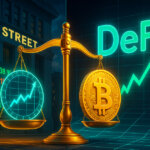 A golden balance scale straddles Wall Street tickers and a neon crypto grid, weighing a rising TradFi chart against a gleaming Bitcoin as DeFi rails surge upward