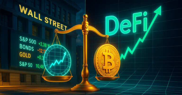 A golden balance scale straddles Wall Street tickers and a neon crypto grid, weighing a rising TradFi chart against a gleaming Bitcoin as DeFi rails surge upward