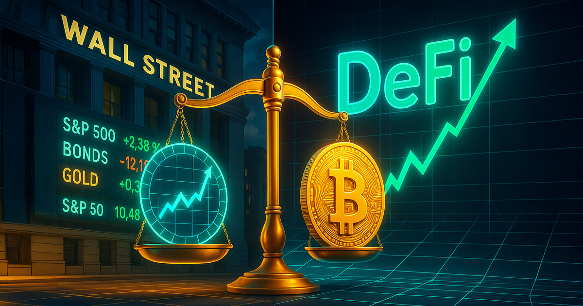 A golden balance scale straddles Wall Street tickers and a neon crypto grid, weighing a rising TradFi chart against a gleaming Bitcoin as DeFi rails surge upward