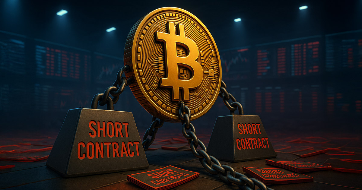 A digital illustration shows a towering Bitcoin chained to massive short contract weights in a derivatives exchange pit - Cover art/illustration via CryptoSlate.