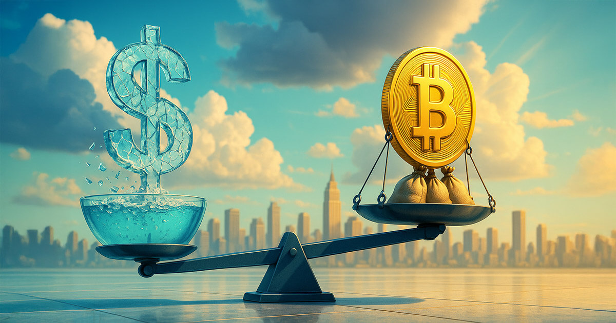 A bright cinematic 16:9 scene shows a cracked-glass dollar symbol crumbling on one end of a balanced beam while a gleaming Bitcoin coin is tethered down by sandbags on the other, set against a vivid blue-and-gold city skyline.