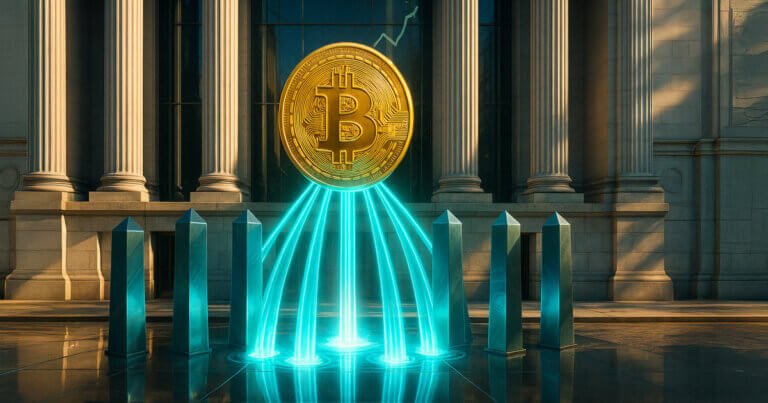 Seven neon-cyan beams lift a golden Bitcoin before a sunlit neoclassical exchange façade, symbolizing a weeklong streak of ETF inflows