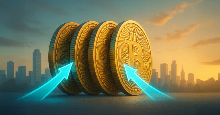 Four giant Bitcoin coins stand like dominoes as glowing arrows push inward against a city skyline backdrop - Cover art/illustration via CryptoSlate.