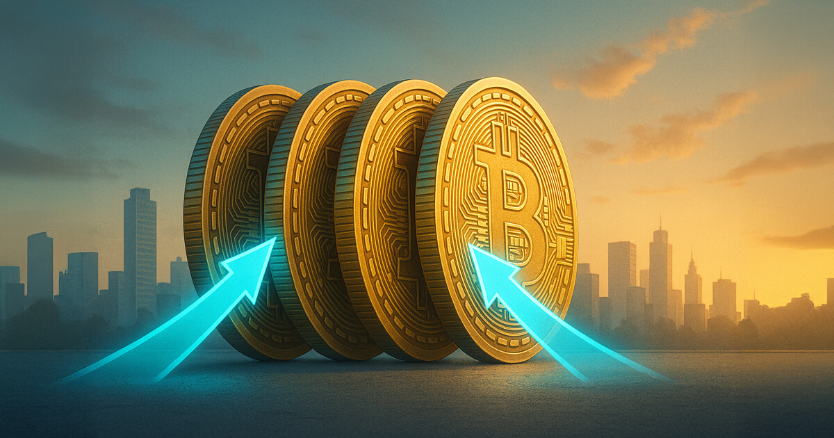 Four giant Bitcoin coins stand like dominoes as glowing arrows push inward against a city skyline backdrop - Cover art/illustration via CryptoSlate.