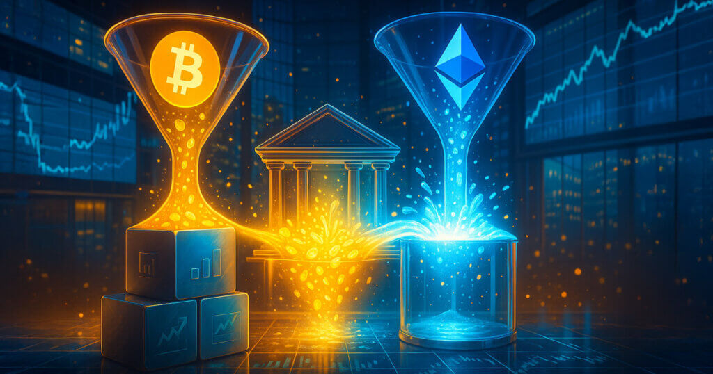 a trading floor shows giant Bitcoin-gold and Ethereum-blue funnels pouring glowing particle streams into a surging central reservoir, symbolizing massive ETF inflows without any text in-image.