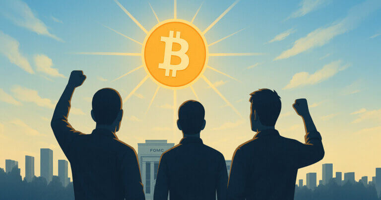 Three silhouetted figures raise their fists toward a glowing Bitcoin symbol above the FOMC building, symbolizing bullish trader sentiment ahead of the update - Cover art/illustration via CryptoSlate.