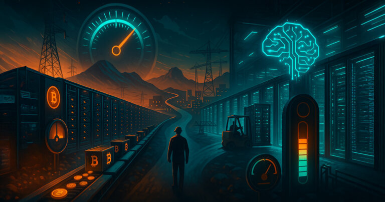 A split-scene shows a miner at a crossroads between glowing Bitcoin ASIC halls under a maxed hashrate gauge and a neon AI data center competing for the same power grid
