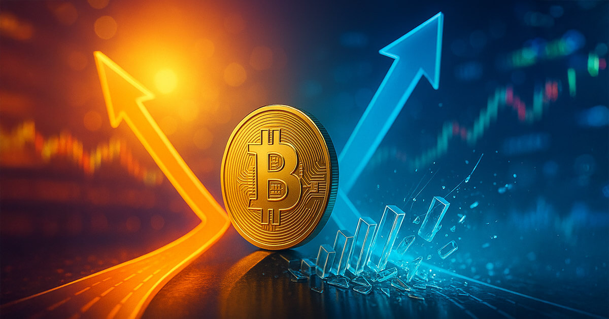 A gleaming Bitcoin coin stands between a rising warm-toned arrow and a descending cool-blue arrow as glass dominoes shatter beside festive bokeh, symbolizing thinning leverage and a fork between bullish and bearish paths.