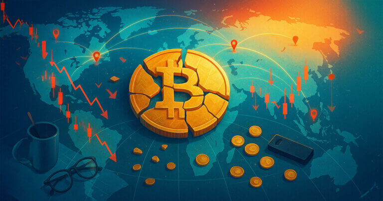A bright, cinematic world map with a cracked golden Bitcoin at the center, glowing network arcs, and downward market overlays symbolizing shared global losses in a vivid teal–orange palette.