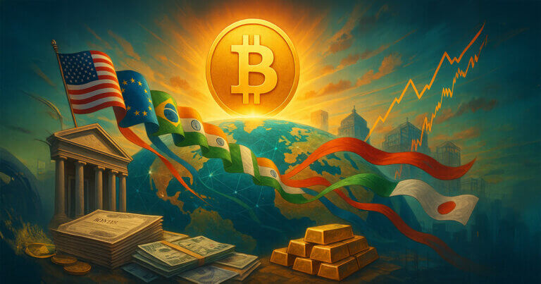 A bright, cinematic 16:9 scene shows a gleaming Bitcoin rising over a glowing world map, with racing country flags, central bank architecture, currencies and gold, and abstract upward charts symbolizing nations accelerating adoption.