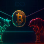 A suspended Bitcoin disk is tugged by neon bull and bear winches above a flat price line and leverage gauges, conveying tense sideways drift